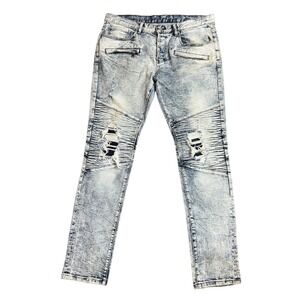 DOPE Men's Acid Wash Moto Jeans Distressed Biker Style Light‎ Blue Size 34 Long